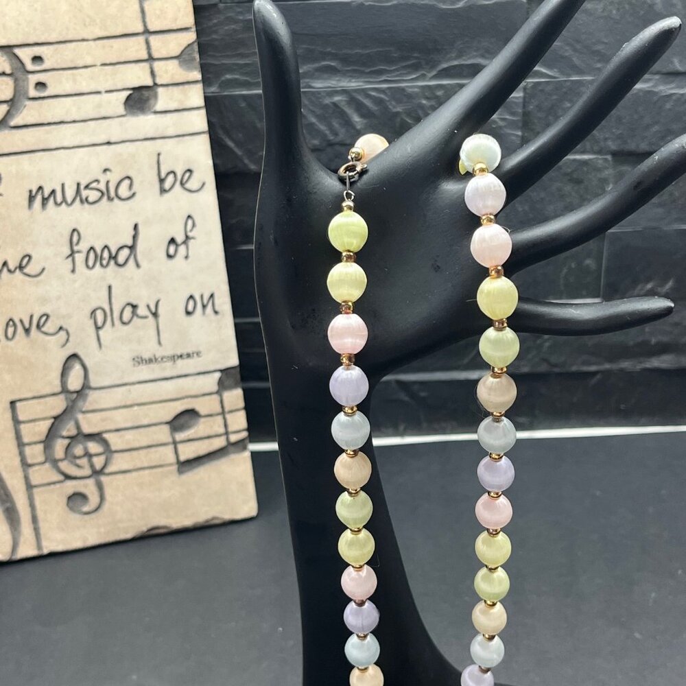 Vintage Multi Color Pastel Satin | Silk Covered Bead Necklace, 45cm Long